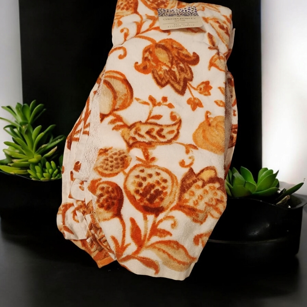 Cynthia Rowley Fall S/3 Pumpkins Rustic Orange White Floral Dish Towels